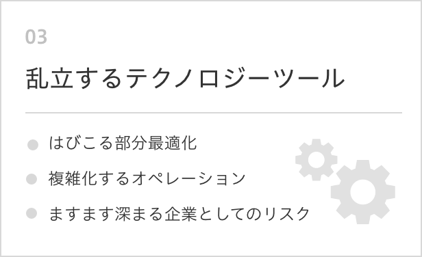 乱立するテクノロジーツール/はびこる部分最適化/複雑化するオペレーション/ますます深まる企業としてのリスク